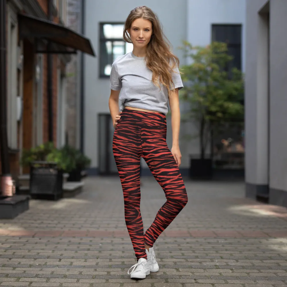 Red Tiger Women's Yoga Leggings, Red Black Tiger Striped Animal Print Gym Tights-Made in USA/EU