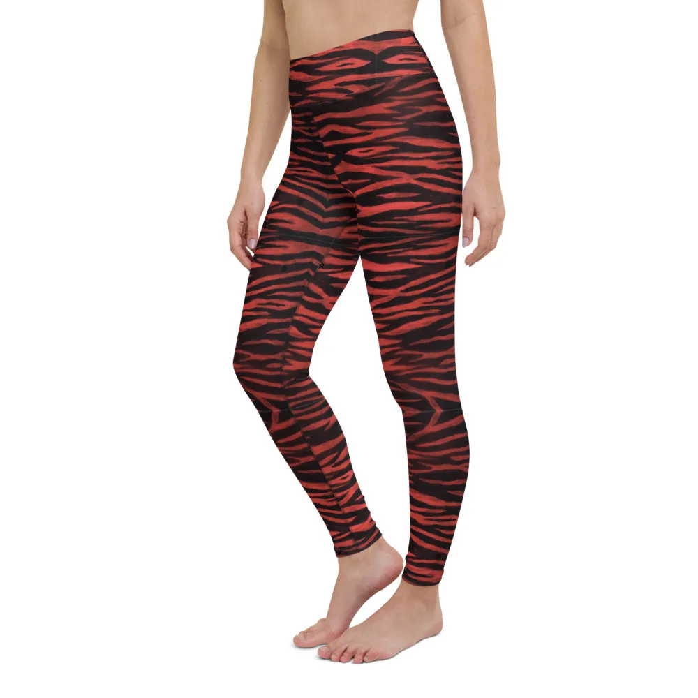 Red Tiger Women's Yoga Leggings, Red Black Tiger Striped Animal Print Gym Tights-Made in USA/EU