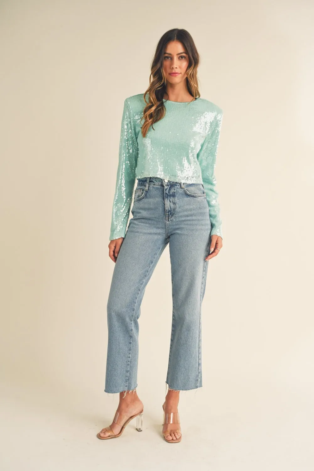 Shoulder Padded Sequin Crop Top