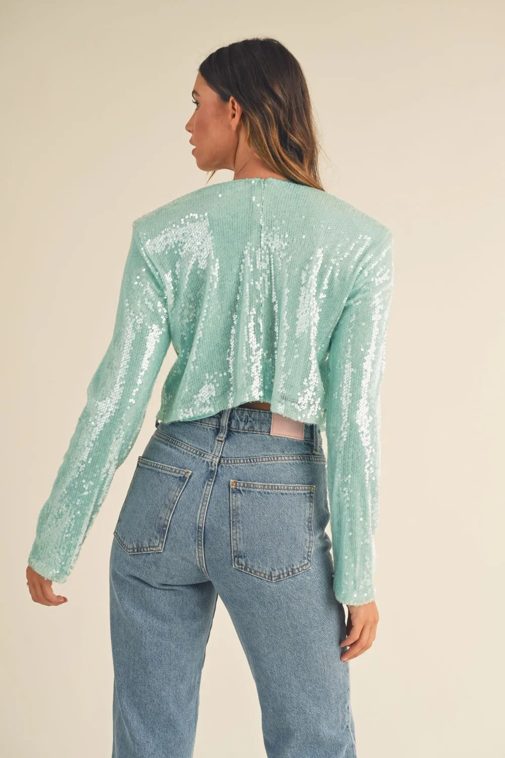 Shoulder Padded Sequin Crop Top