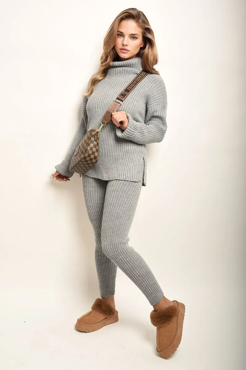 Sima Chunky Knitted High Roll Neck Top Bottom Co-ord Set