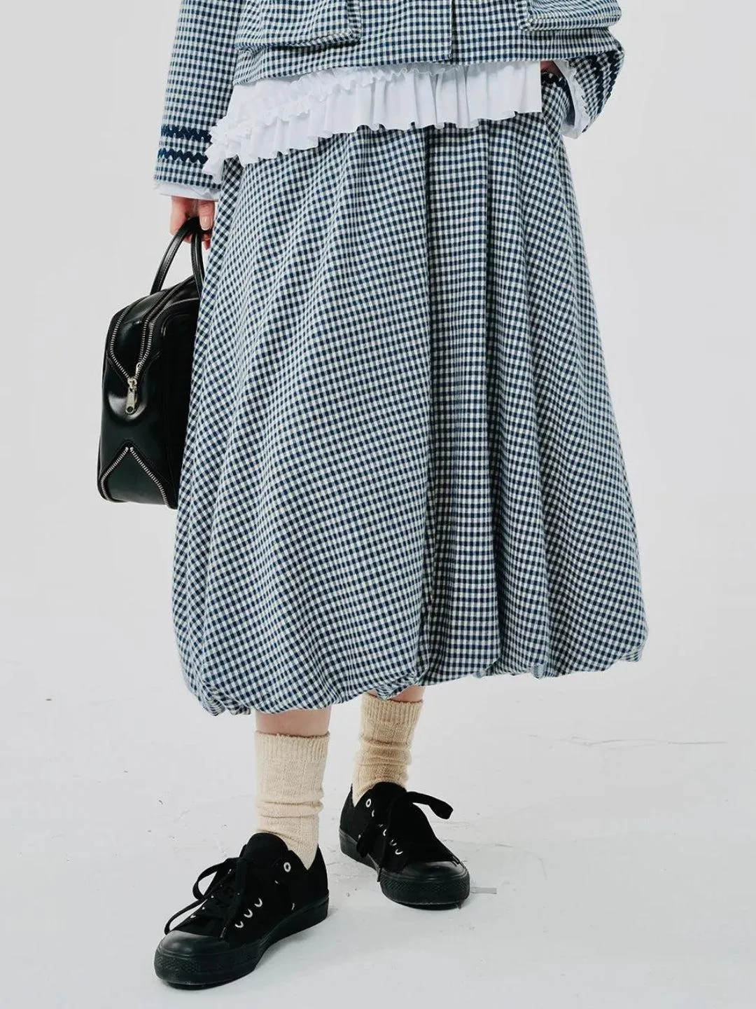 Soft Girl Plaid Bubble Midi Skirt