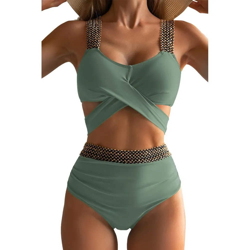 Solid Color With Golden Sequence Straps High Waist Two Piece Swimwear By Sinderella