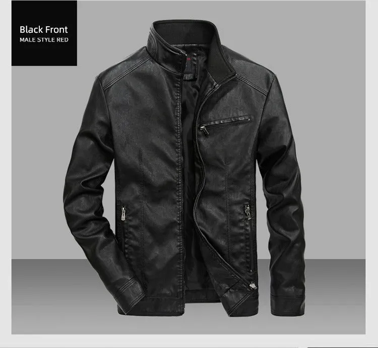 Spring Leisure Pure Color All-Matching Stand Collar Men's Leather Jacket