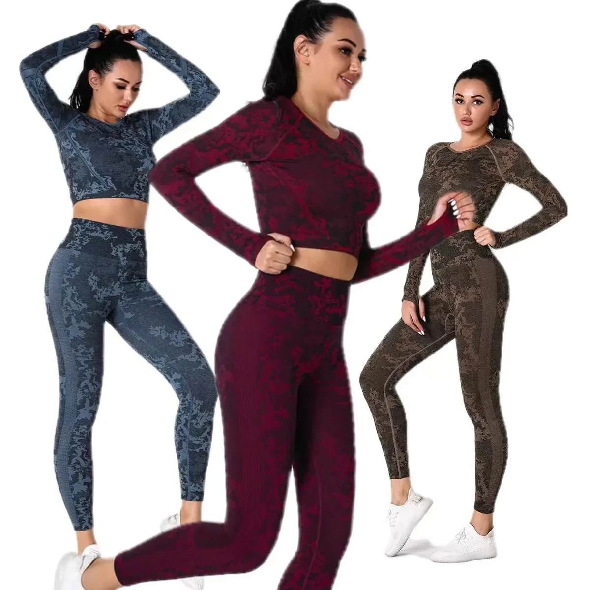 Stylish Women's Jacquard Leggings Set with Long Sleeve Camo Top for Yoga and Fitness