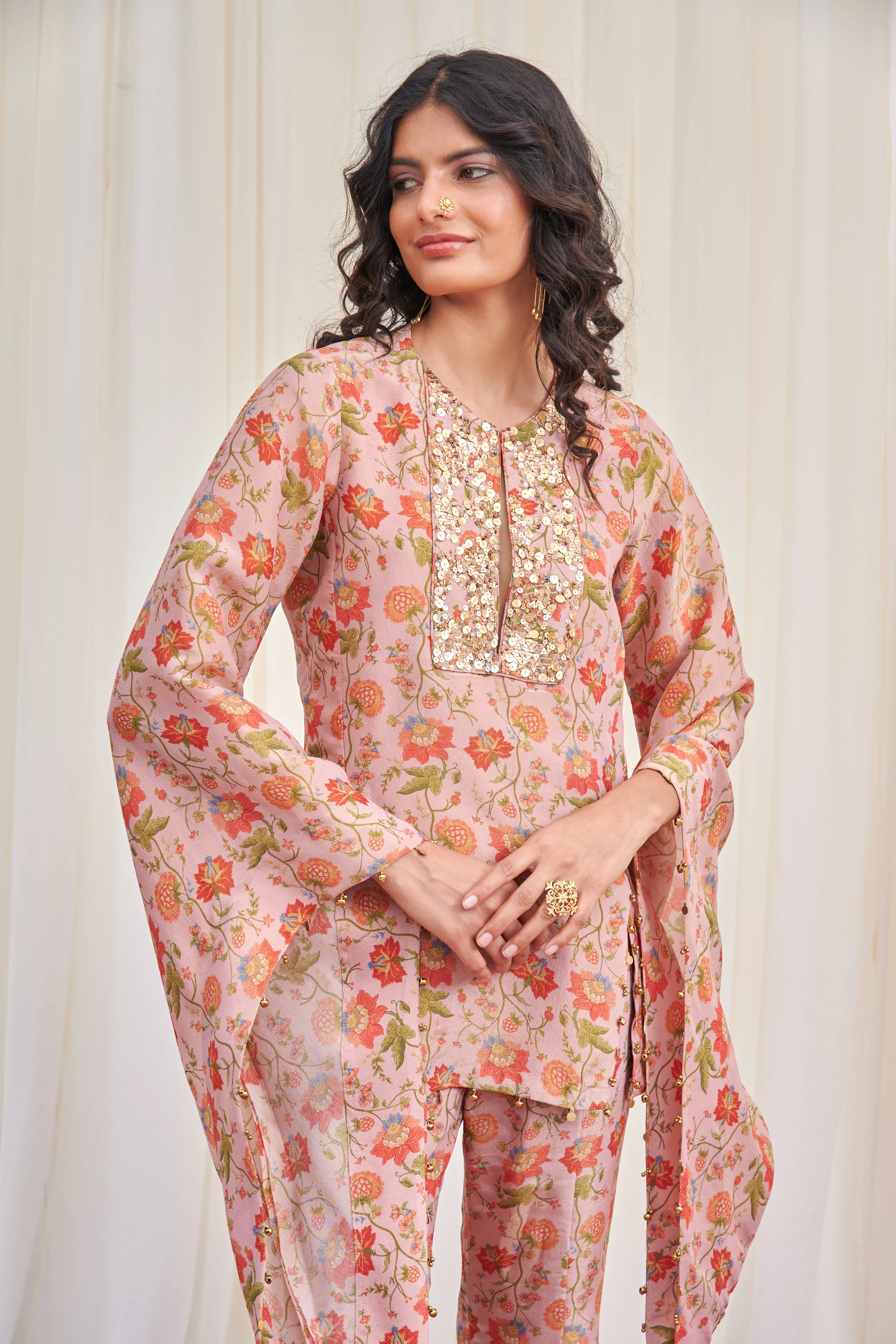 Swastika Pink Tissue Sequin Kurta with Pants