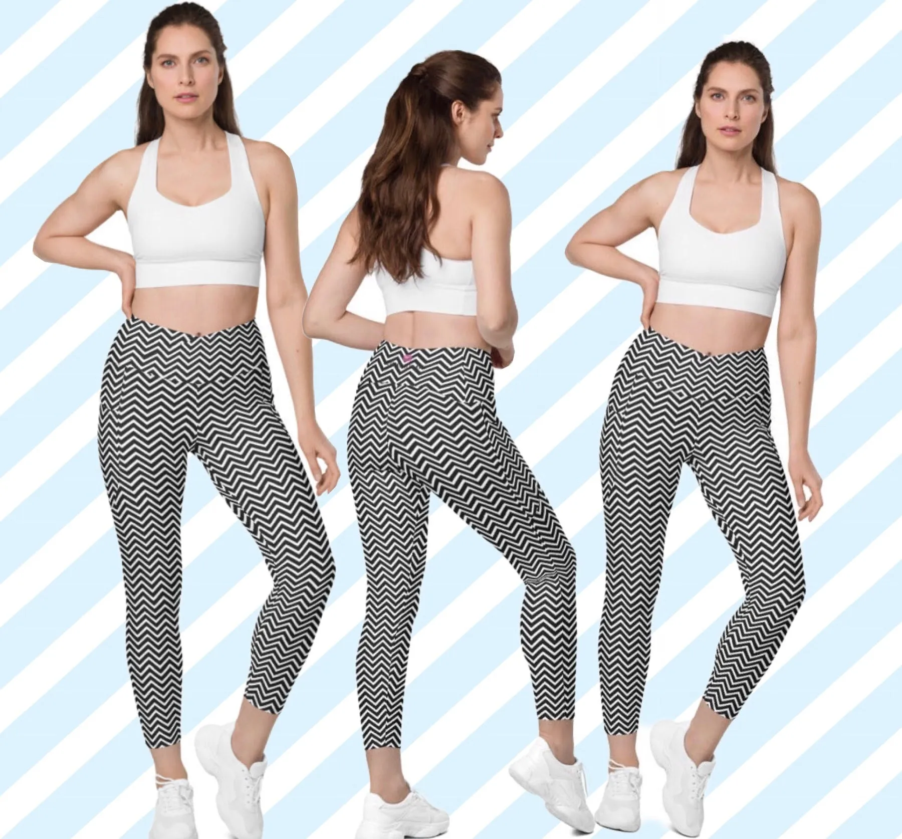 White Black Chevron Leggings, Best Designer Printed Crossover Leggings With 2 Side Pockets