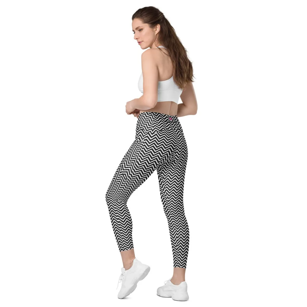 White Black Chevron Leggings, Best Designer Printed Crossover Leggings With 2 Side Pockets