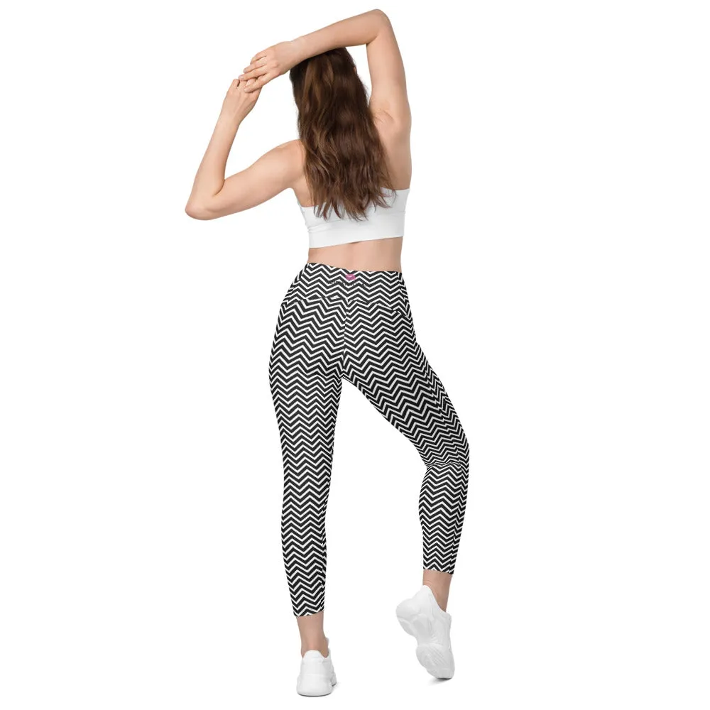 White Black Chevron Leggings, Best Designer Printed Crossover Leggings With 2 Side Pockets