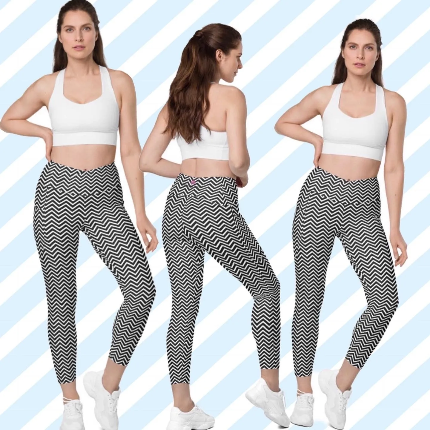 White Black Chevron Leggings, Best Designer Printed Crossover Leggings With 2 Side Pockets