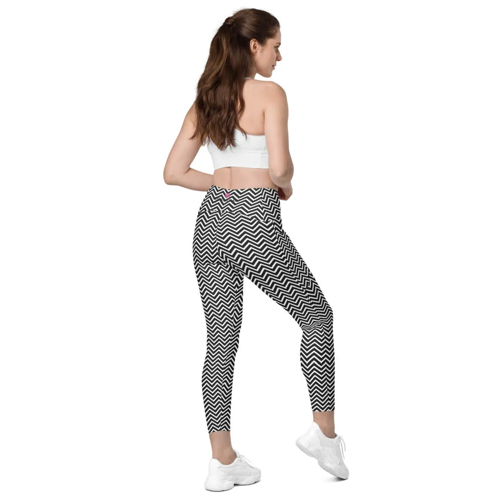 White Black Chevron Leggings, Best Designer Printed Crossover Leggings With 2 Side Pockets