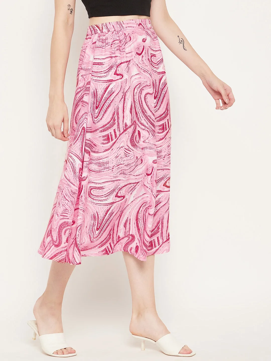 Women Pink Printed A-Line Midi Skirt