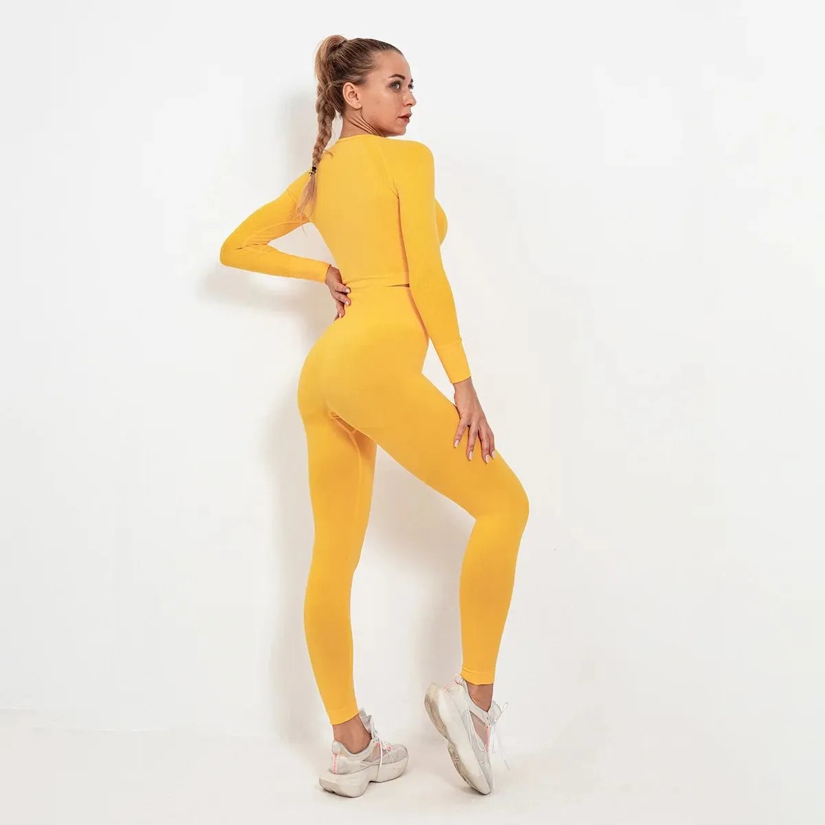 Women Seamless Long Sleeve Top And Leggings Set Yoga Workout Suit