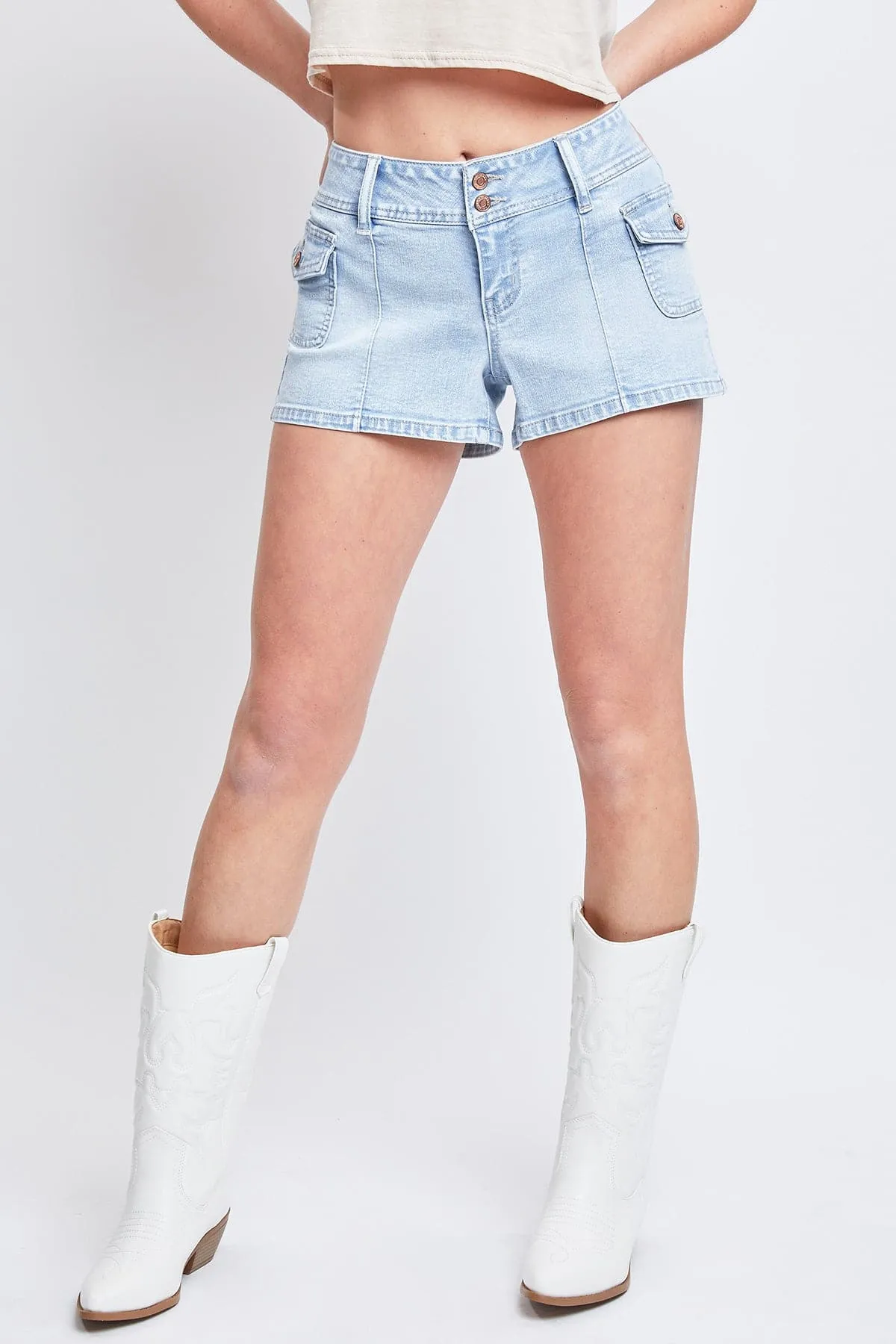 Women's Low Rise Denim Shorts with Side Patch Pockets