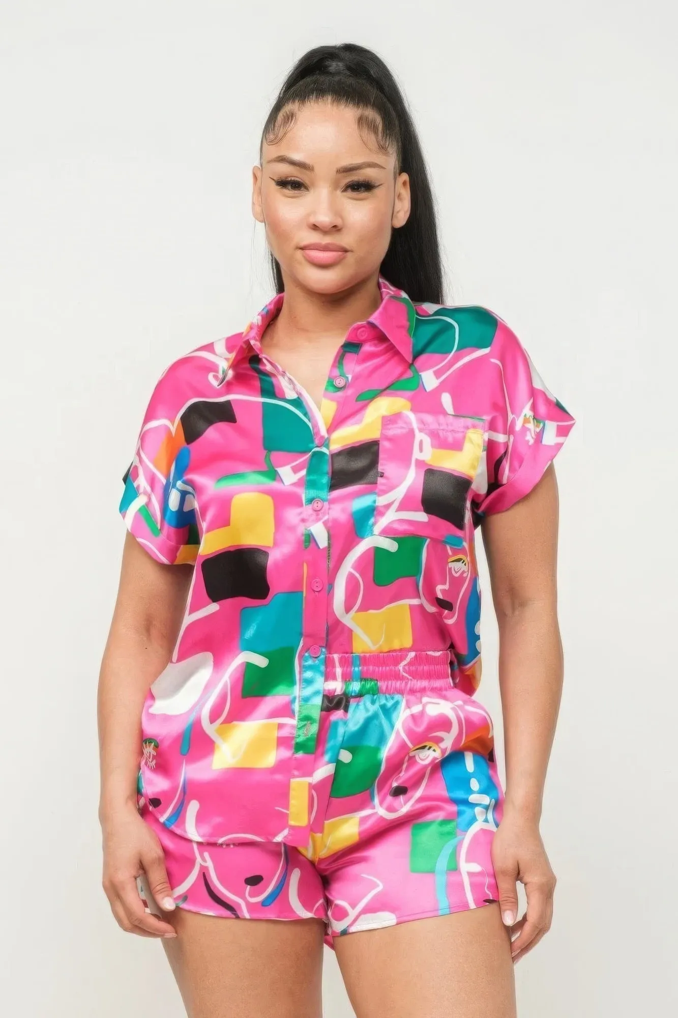 Women's Summer Satin Button-Down Top & Shorts Set - Chic Print